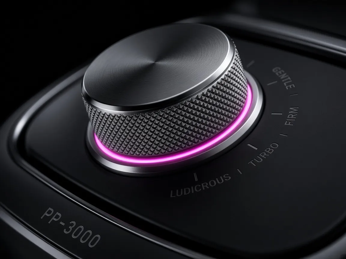 Close-up of the knurled Pinch Intensity dial with a glowing magenta LED ring, marked Gentle, Firm, Turbo, Ludicrous
